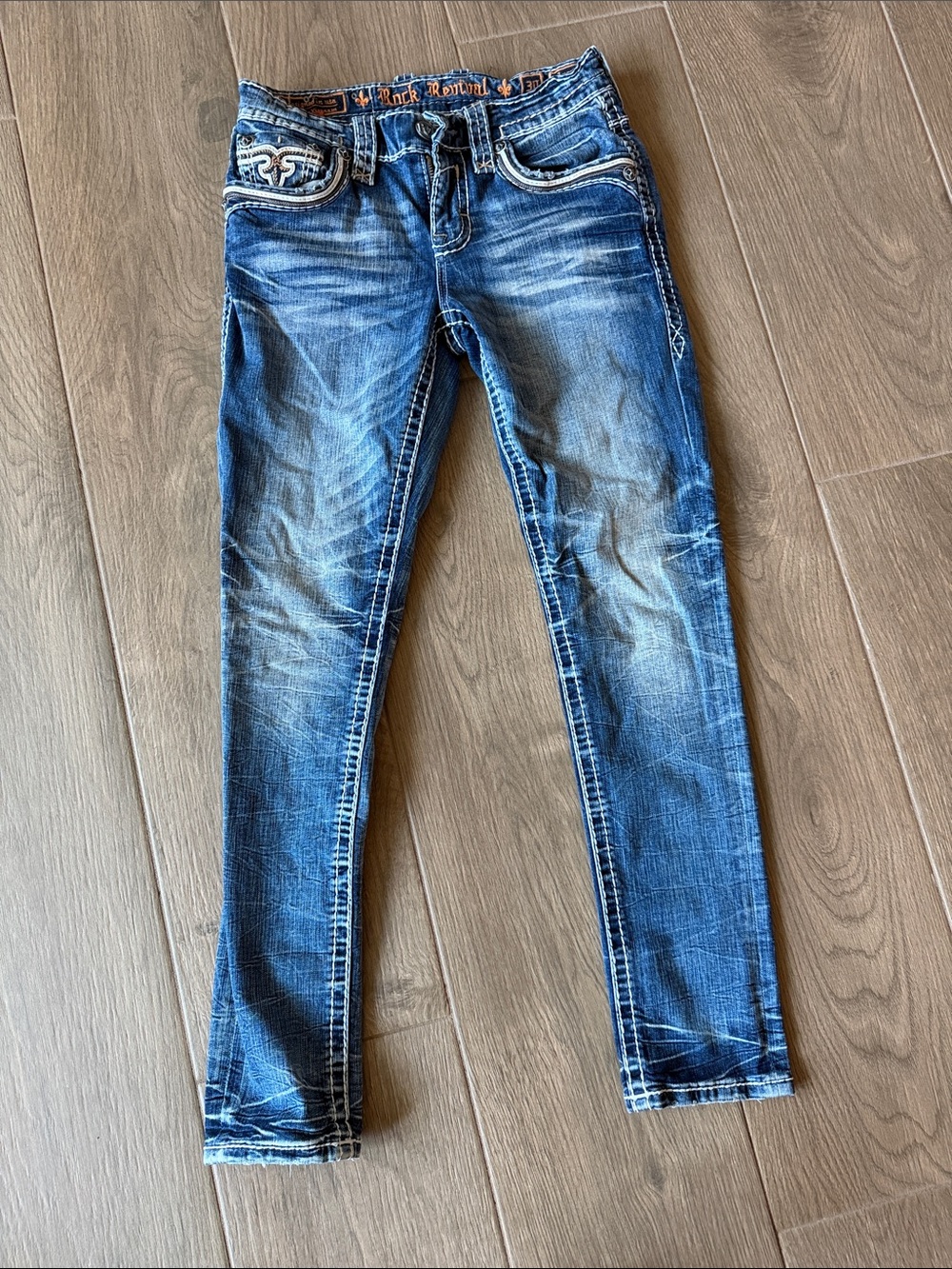 Rock Revival Blue Washed Skinny Jeans with Contrast Stitching